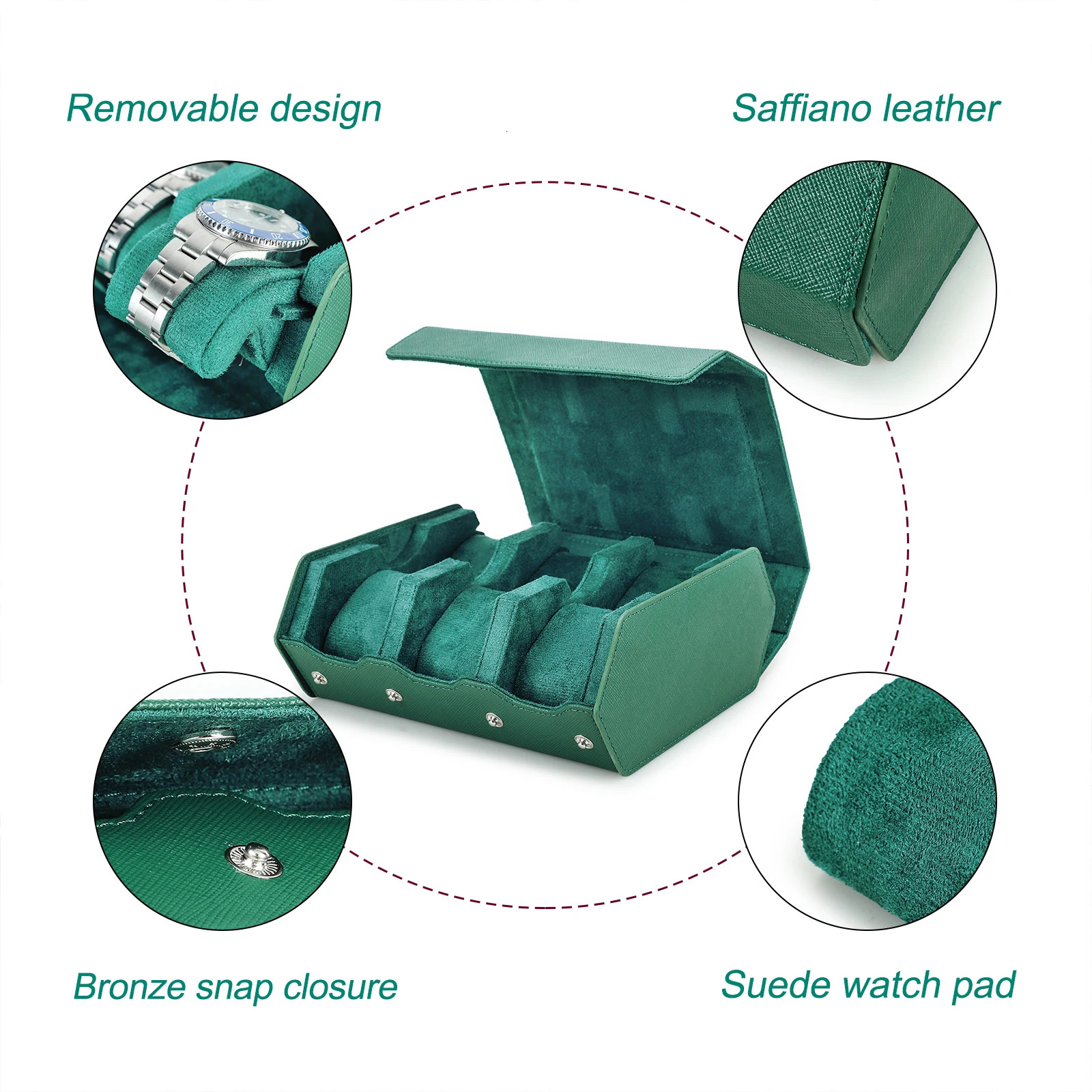Exquisite green genuine leather hexagonal watch display box 2/3/4/6/8 slot watch rolling box storage organizer bracket 250102