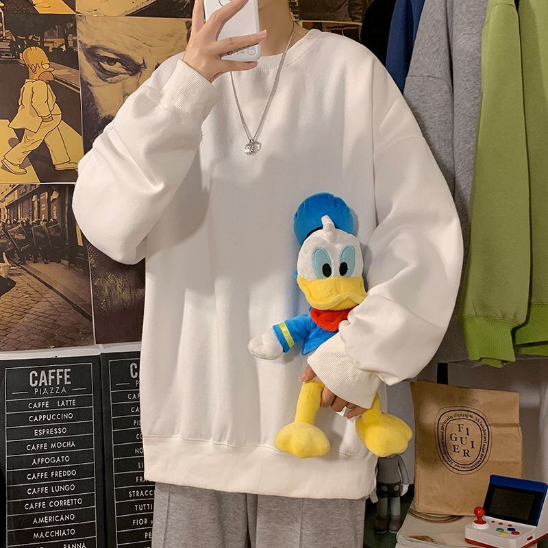 Round neck sweater mens fashion ins white long sleeved t-shirt trend versatile loose new boys spring and autumn clothes