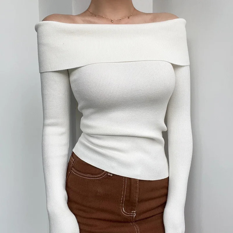 Black Sexy Off Shoulder Knit Tops Solid Slash Neck Long Sleeved Slim Fit Sweater White Elegant Pullover Sueter Mujer 31042 250103
