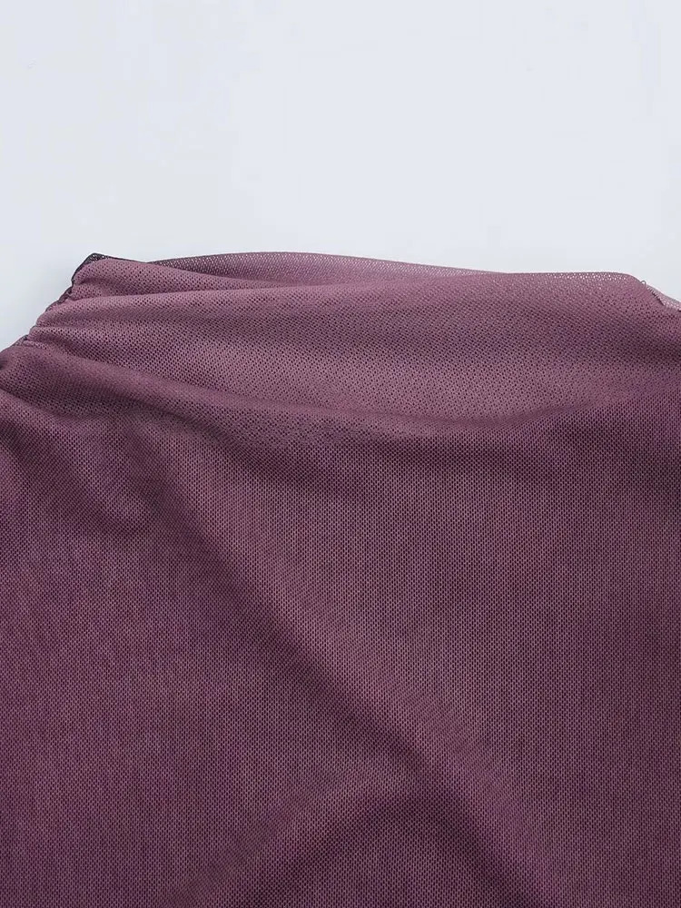 TRAF Print Tulle Dress Woman Pleated Long Dresses For Women Fashion Sleeve Bodycon Midi Womens Party 250103