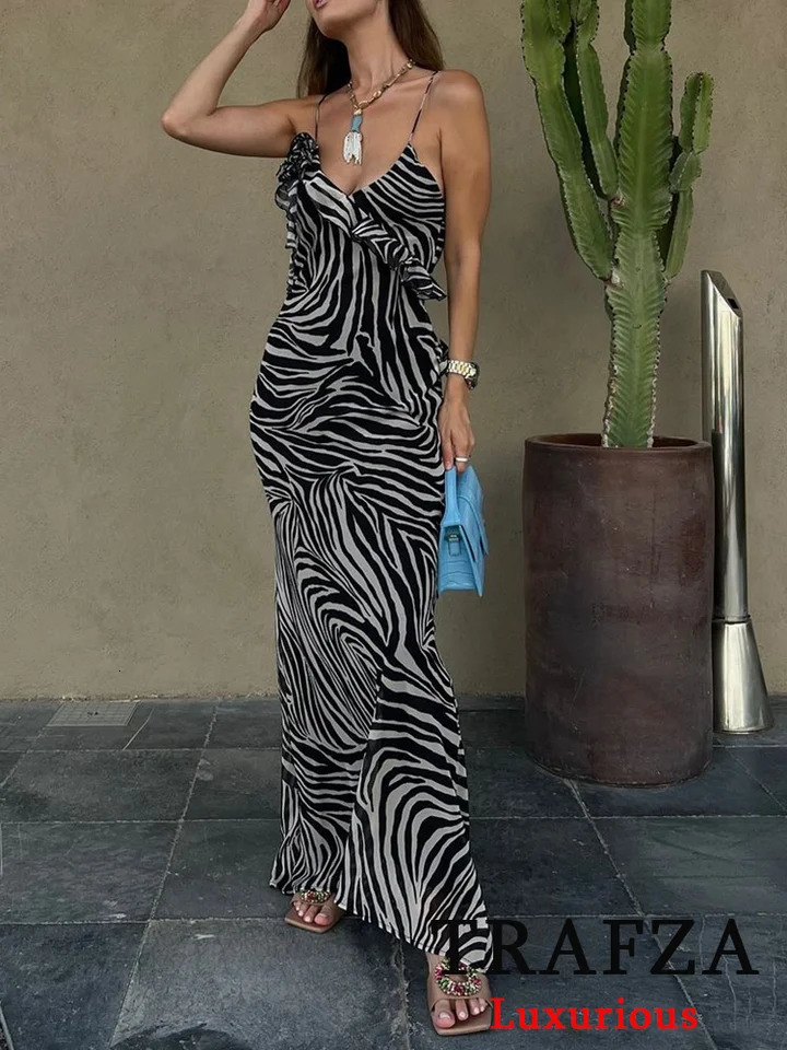 TRAFZA Sexy Dot Print Satin Long Dress Women V Neck Ruffles Backless Fashion Summer Elegant Party Beach 250103