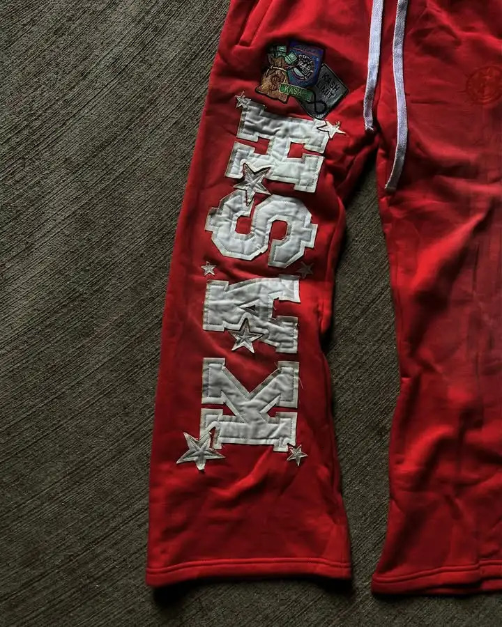Vintage red double-layer sports pants Y2K mens hip-hop letter patch embroidered loose pants casual elastic waist jogging pants 250103