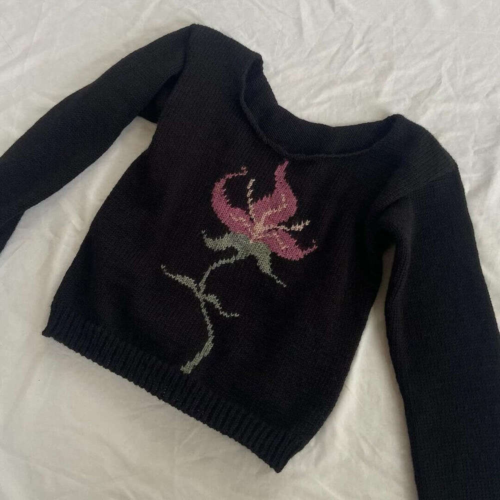 Ins knitted flower pattern jacquard round neck long sleeved high street slim fit sweater y2k