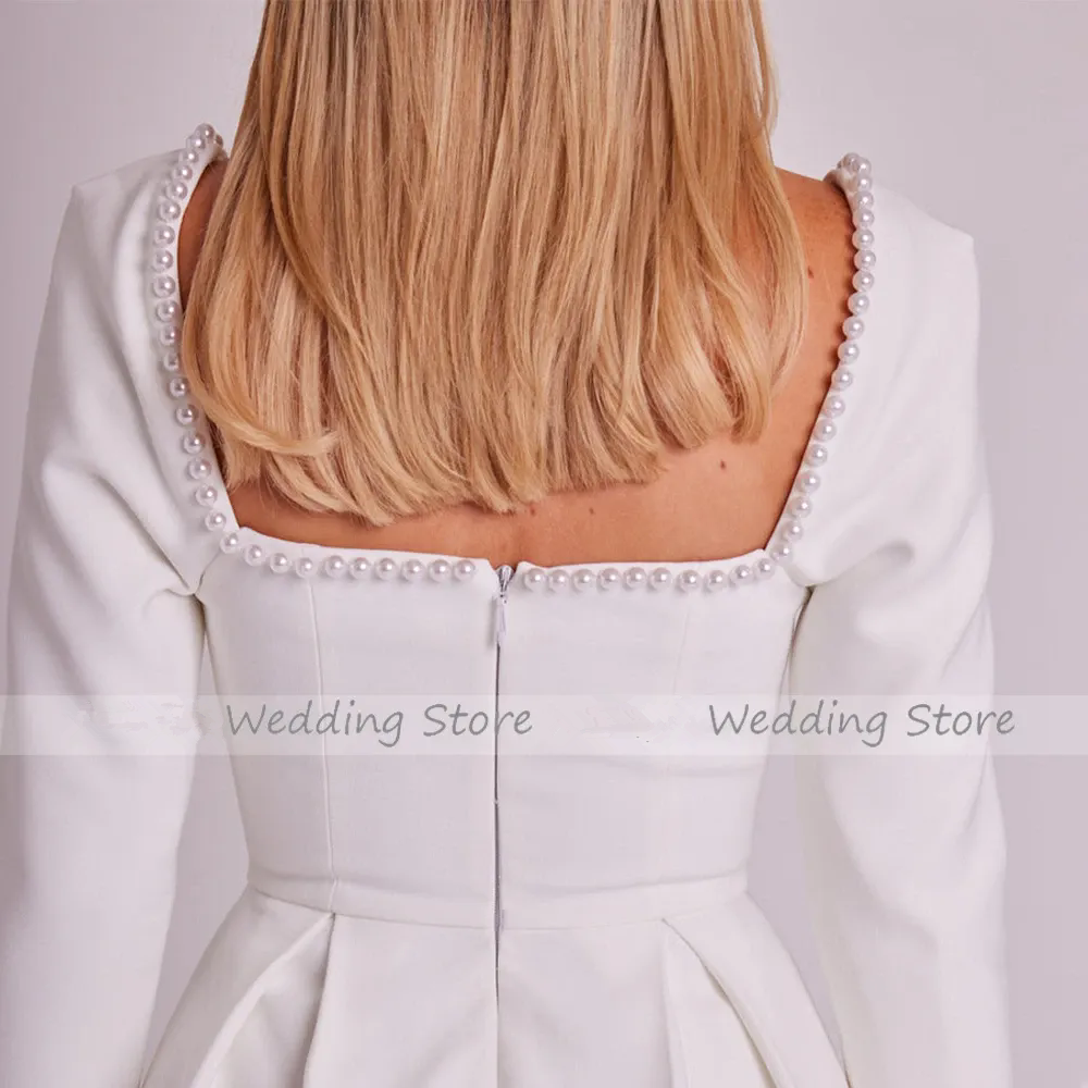 Short Wedding Dress 2025 Long Sleeves Pearls Square Collar Mini Brides Gown for Women Bride A Line Backless Cute Bridal Dresses Vestido De Novia