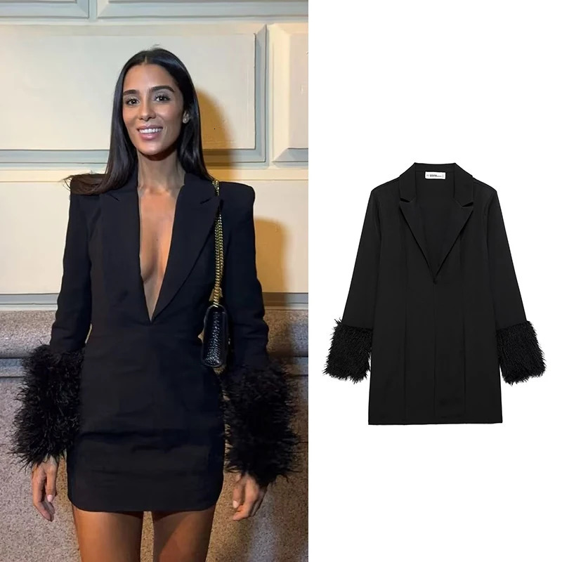 TRAF Womens Short Dresses Fashion Feather Cuff Mini Dress Women Long Sleeve Vintage Female Elegant Party 250103