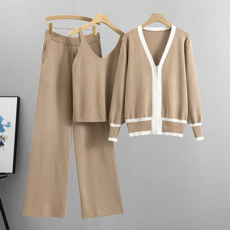 2024 Spring and Autumn New Womens European Collection Trendy Knitted Cardigan Strap Wide Leg Pants 3-piece Set