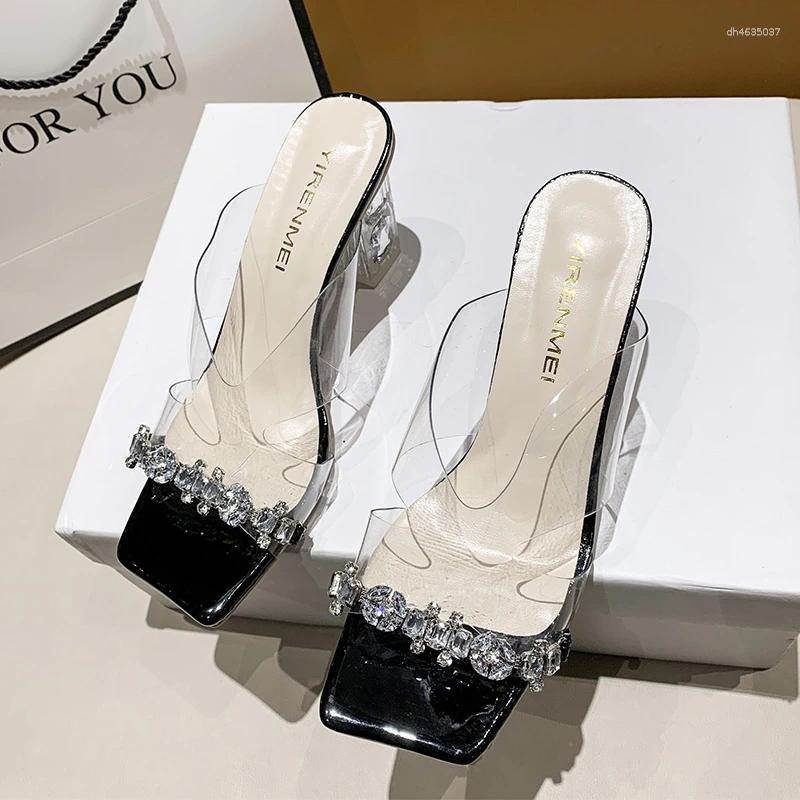 Sandals 2025 Summer Slippers Women's Thick Heel Square Toe Rhie Transparent Decoration Fashion High zhanyishengli
