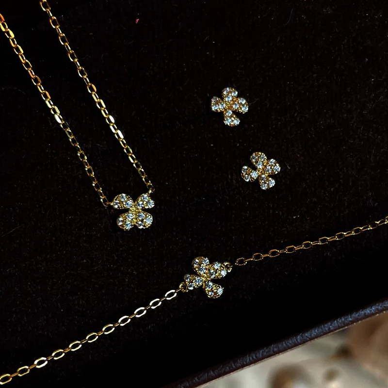 CCFJOYAS 100% 925 Sterling Silver Mini Flower Pendant Necklace Bracelet Earrings Set for Women 18k Gold Plated Fine Jewelry Set 250102