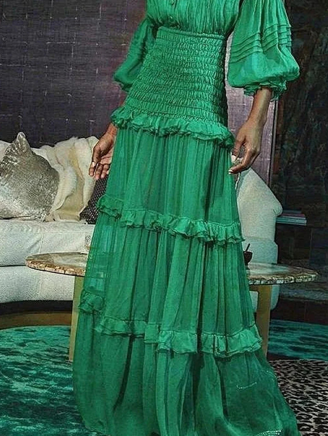 Elegant Long Dress Women Spring Autumn Stand Collar Lantern Sleeve Dress Female Ruffle Tiered Maxi Dress Vestidos Femmes 250103