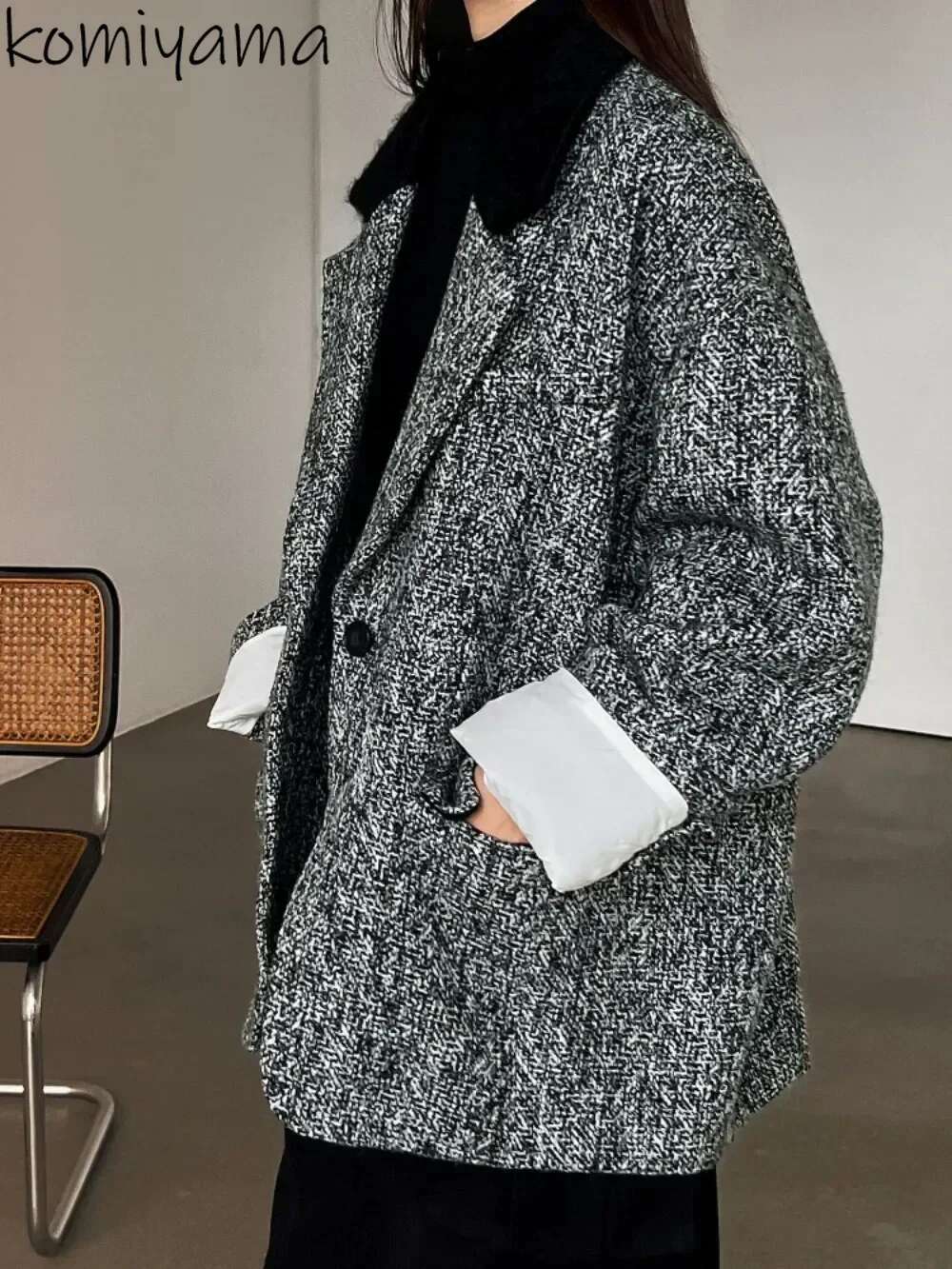 Casual Tweed Chaquetas Mujer Suit Collar Long Sleeve Women 2024 Outerwears Jacket Japan Jackets Loose Retro Single Button Ropa