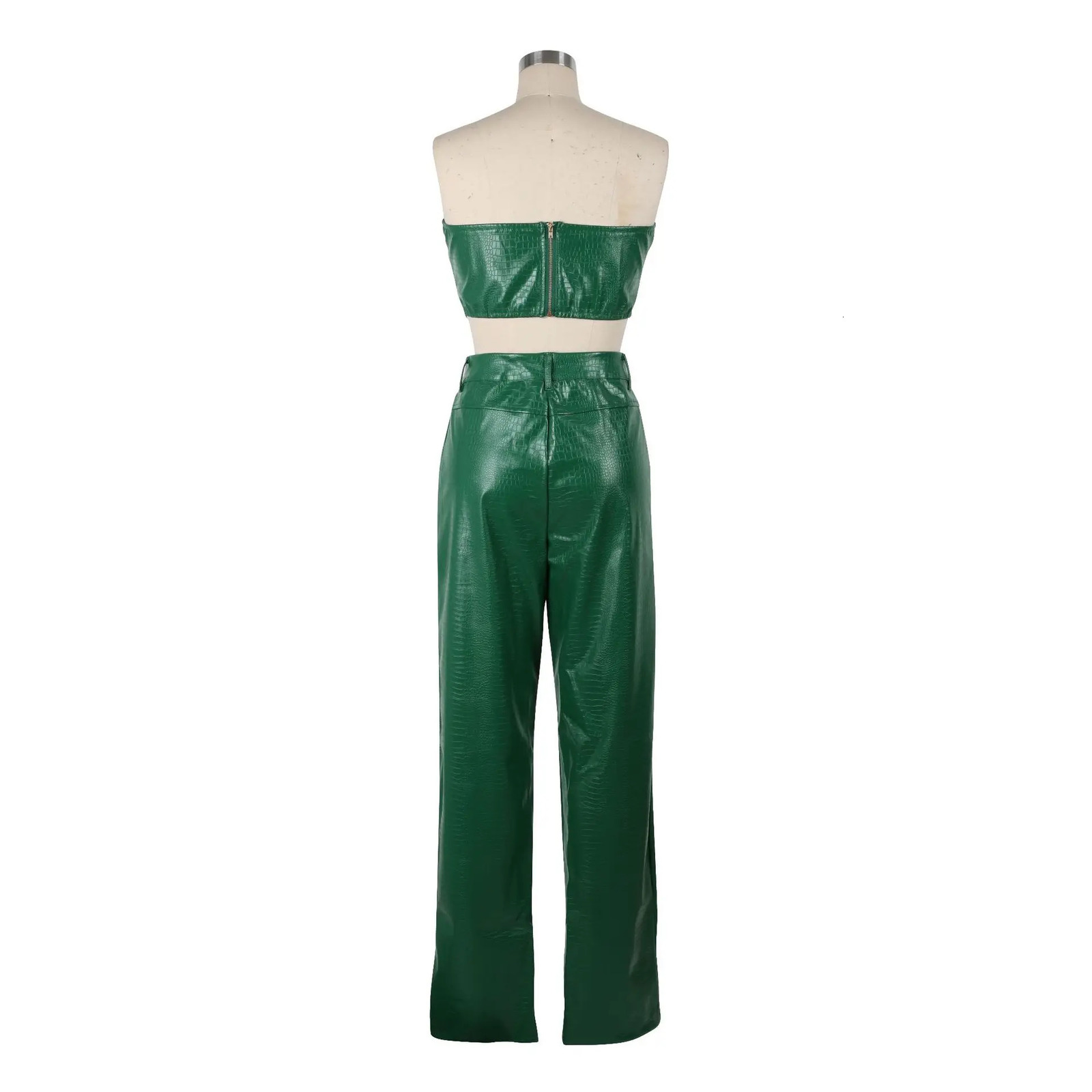 iDress Womens Green Corset Cut-Out Cargo Sexy Sleeveless Jumpsuits PU Leather Matching Set Sexy Clubwear 2 Piece Outfits 250106
