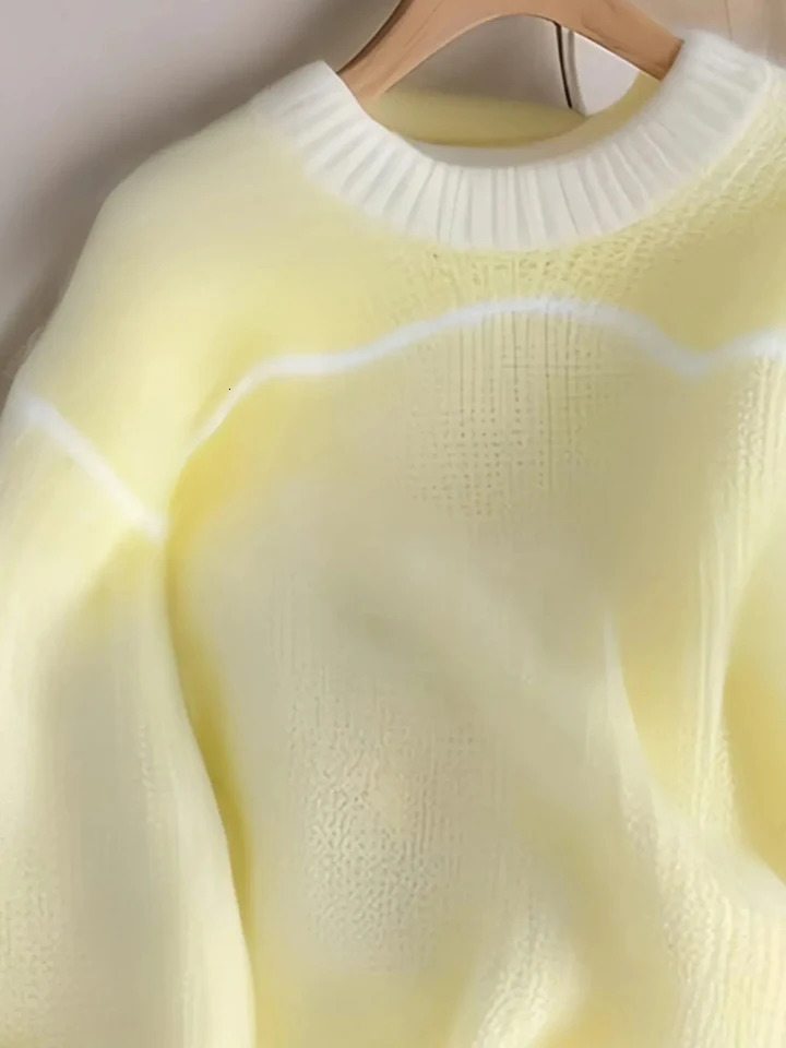 Zoki Fashion Yellow Sweet Sweaters Women Casual Loose Elegant Knitted Jumpers Korean Long Sleeve O Neck Patchwork Pullovers 250103