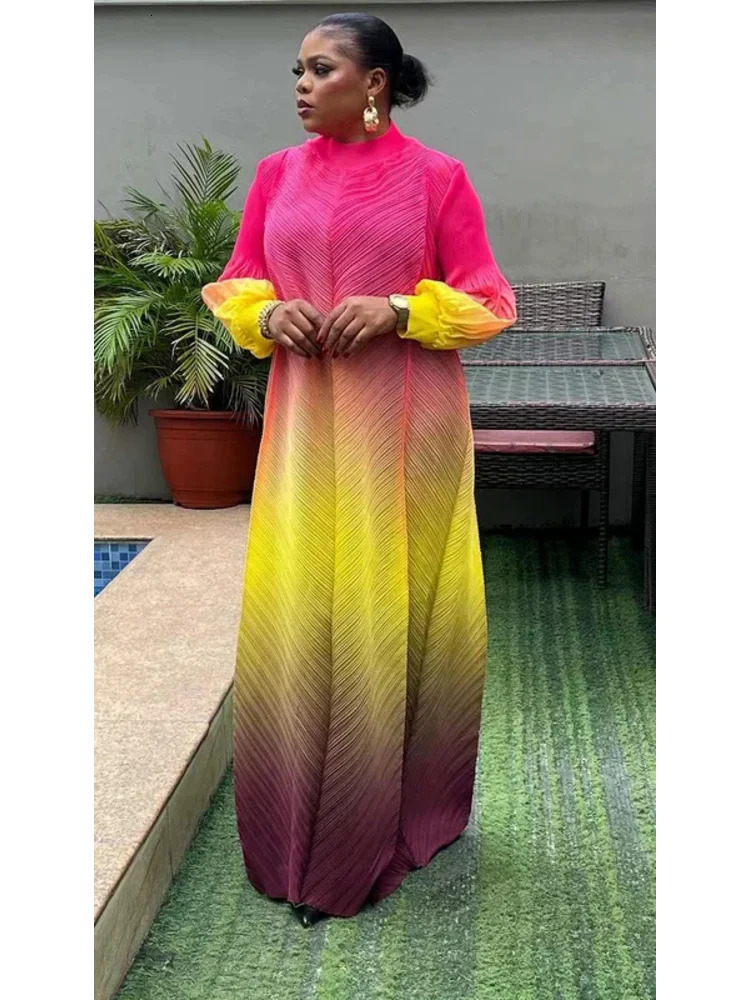 Miyake pleated Maxi long Miyake dress gradient color lantern sleeves half turtle neck womens formal dress item 250103