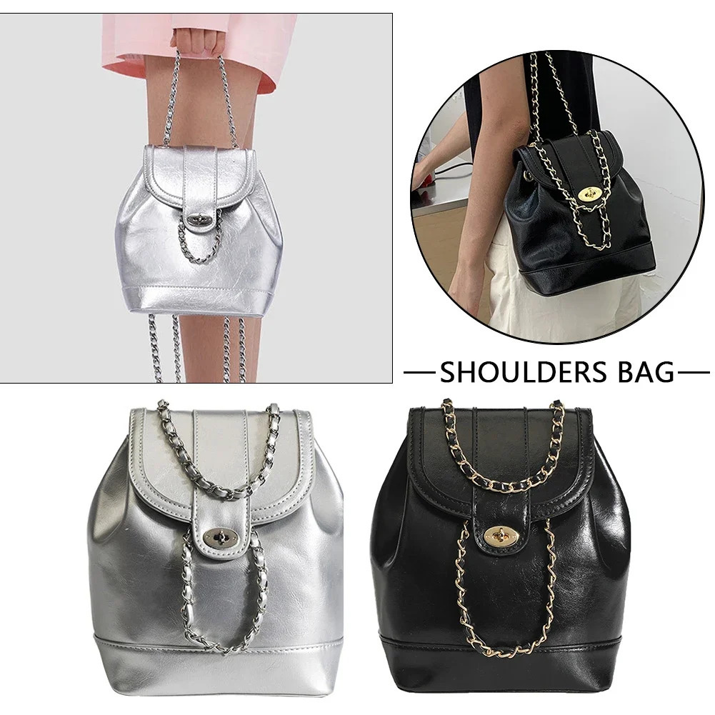 Women School Bags Drawstring PU Leather Backpacks Large Capacity Chain Adjustable Shoulder Straps Solid Color Travel Bag 250102