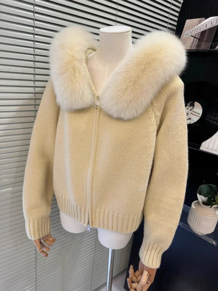Womens Hooded Knitted Cardigan Loose Fur Collar Monochromatic Coat Zipper Casual Fashion Winter 250102