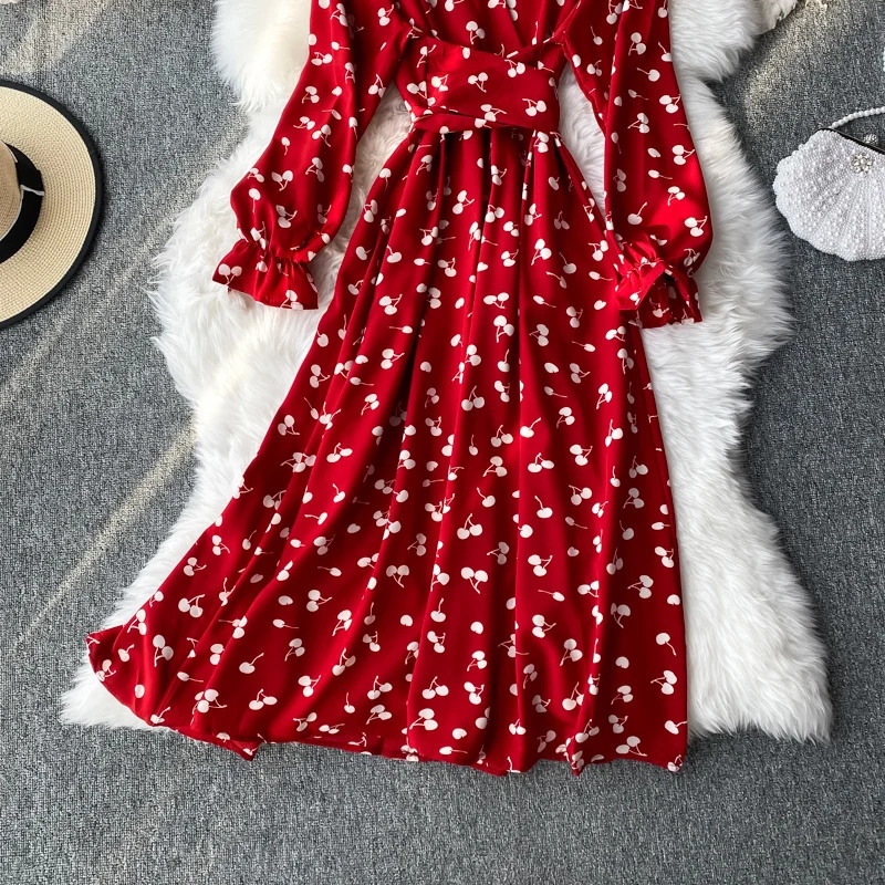 YuooMuoo Korean fashion cherry print womens clothing 2025 spring retro bandage ultra-thin waist long skirt elegant party vest 250103