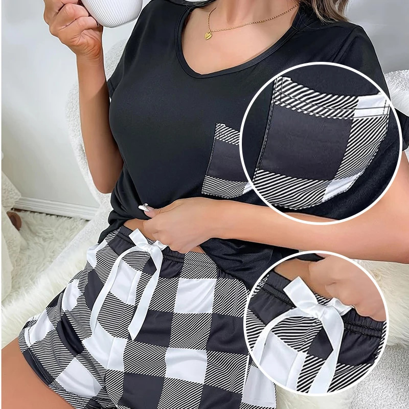Two Piece Womens Black Checkered Casual Sleepwear Set Short Sleeved TShirt and Shorts Printed 250106