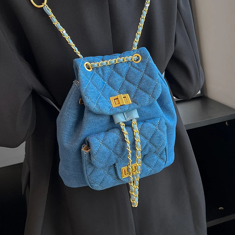 Fashion Retro Denim Canvas Chain Backpack Womens Mini Diamond Solid Color Fashion Versatile Small Backpack 250102