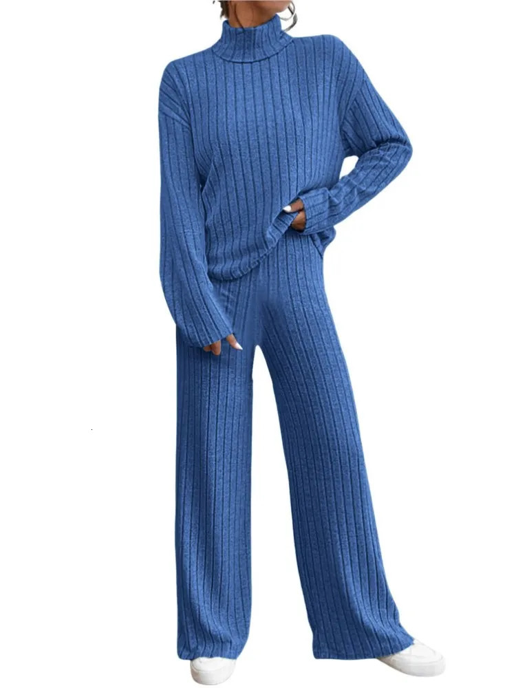 Casual solid color knitted pants set womens long sleeved turtle neck sweater loose mens two-piece set womens autumn and winter style 241230