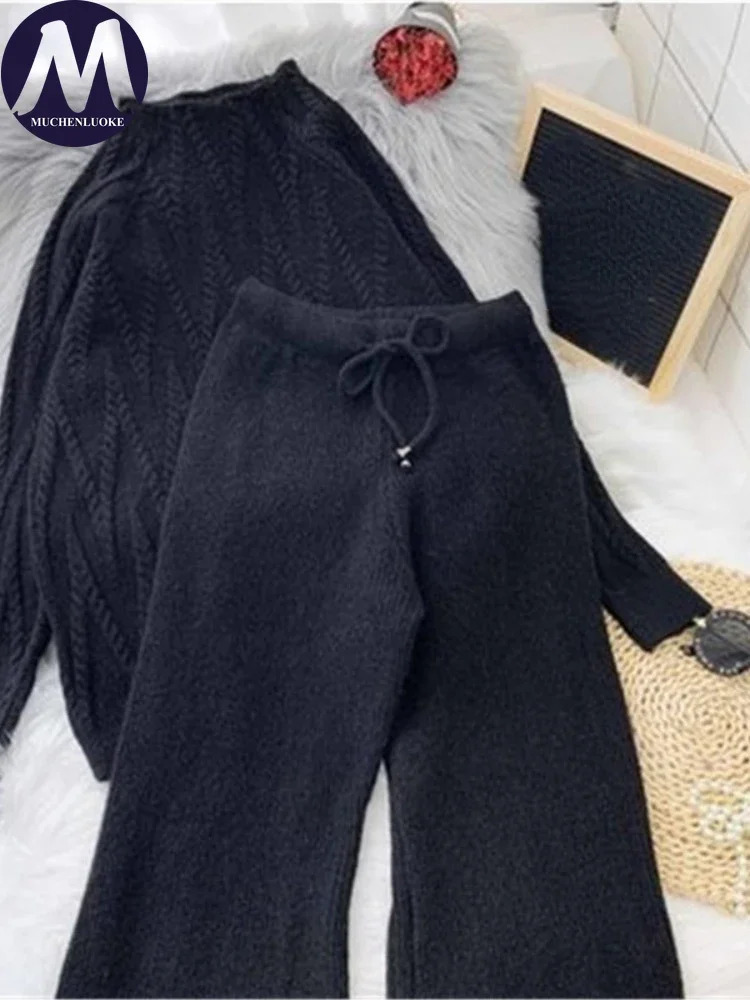 Womens 2-piece set autumn/winter Korean fashion O-neck knitted sweater top casual loose lace upper wide leg pants set 241230