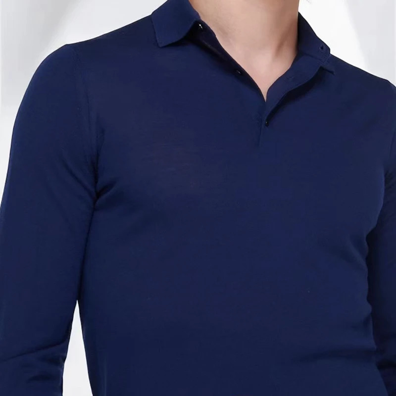 Handmade Winter Cashmere Solid Color Mens Casual Long Sleeve Knitted Polo Shirt 250103