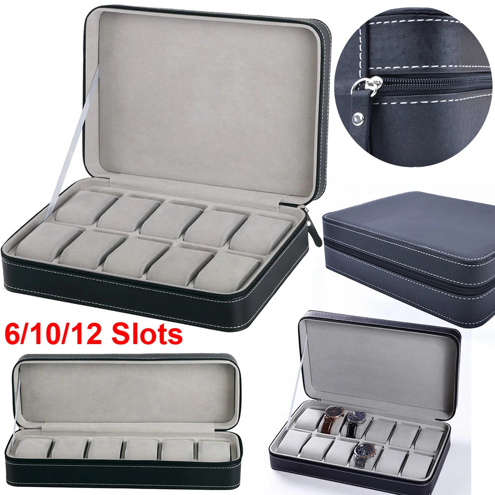 6/10/12 Slot Portable Leather Watch Box Your Watch Good Organizer Jewelry Storage Box Zipper Easy to Carry Mens Watch Box 250102