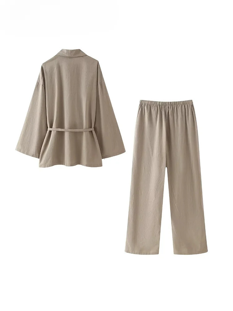 TRAF Womens Pants Set Solid Khaki Brushed Long Sleeve Khaki ShirtElastic Waist Wide Leg Pants 241230