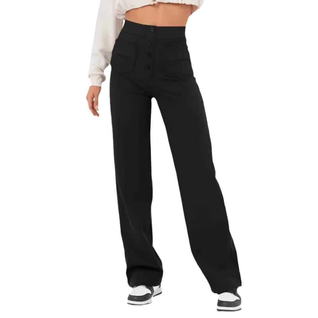 2023 Fashionable New Womens Casual Straight Leg Pants with High Waist Button Elastic Belt and Multiple Pockets