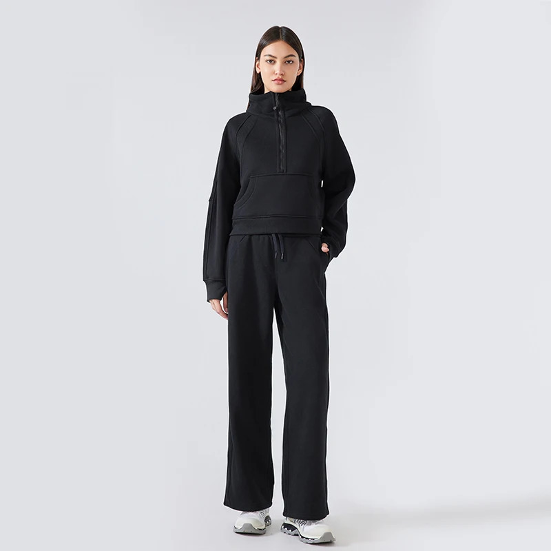 Womens 2Piece Winter Warm Tracksuit Fleece HalfZip High Neck Pullover Sweatshirt Loose StraightLeg Pants for Gym Casual Wear 250106