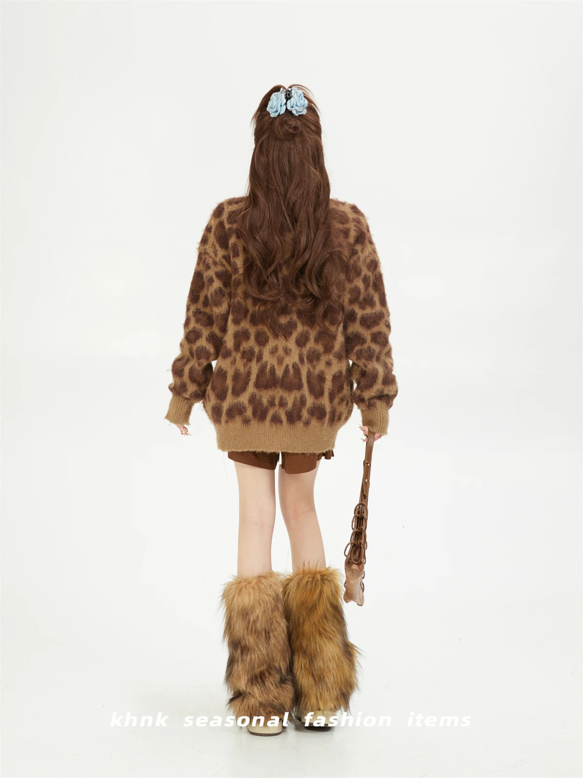 Knitted jacket womens high street leopard print mohair thickened warm loose casual crew neck sweater cardigan autumn and winter 250103