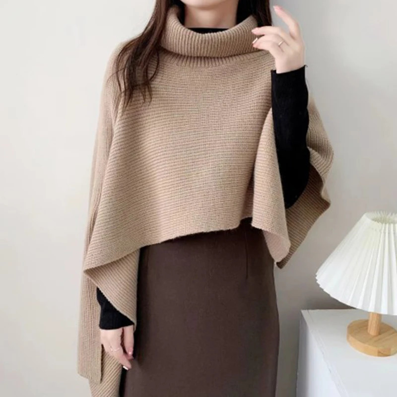 Winter Irregular Vintage Turtleneck Knitted Cape Pullover Women Casual Knitwear Solid Basic Elegant Top Cloak Sweater 250103