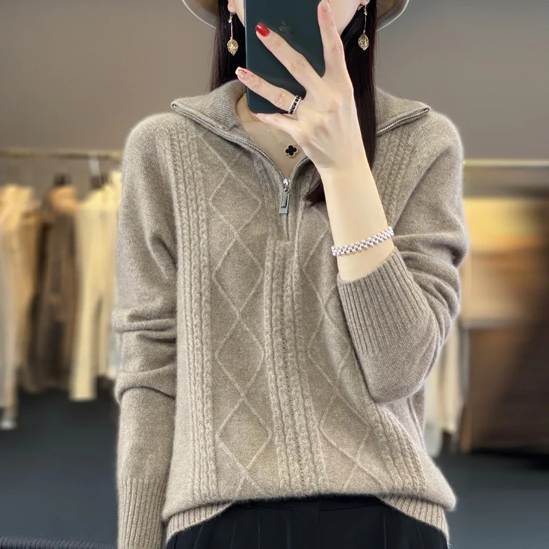 100% Merino Wool Womens Turtleneck Sweater Autumn Winter Casual Knit Loose Top Fashion Zipper Half Open Neck Cashmere Pullover 250103