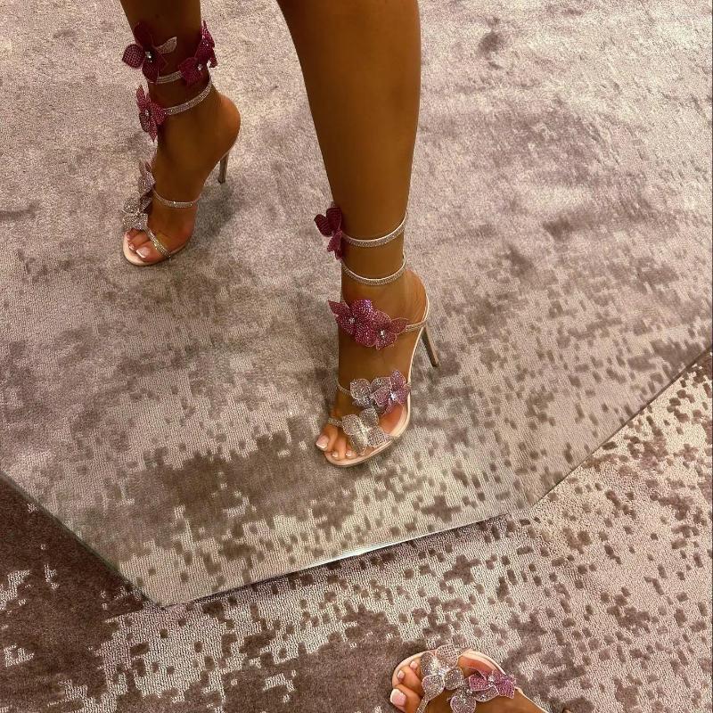Dress Shoes CHMURY Pink Flower Rhinestone High Heels Sandals For Women Party Elegant Stiletto