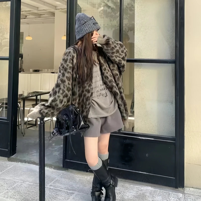Harajuku Leopard Print Knitted Cardigan Women Oversized Sweater Outerwear Vintage Long Sleeve Knitwear Winter Casual Jumpers 250103