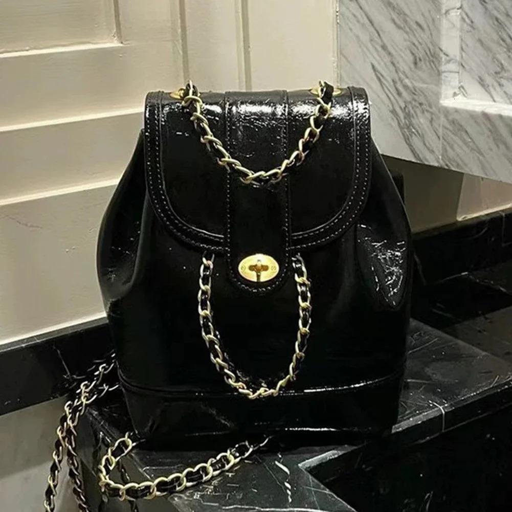 Women School Bags Drawstring PU Leather Backpacks Large Capacity Chain Adjustable Shoulder Straps Solid Color Travel Bag 250102