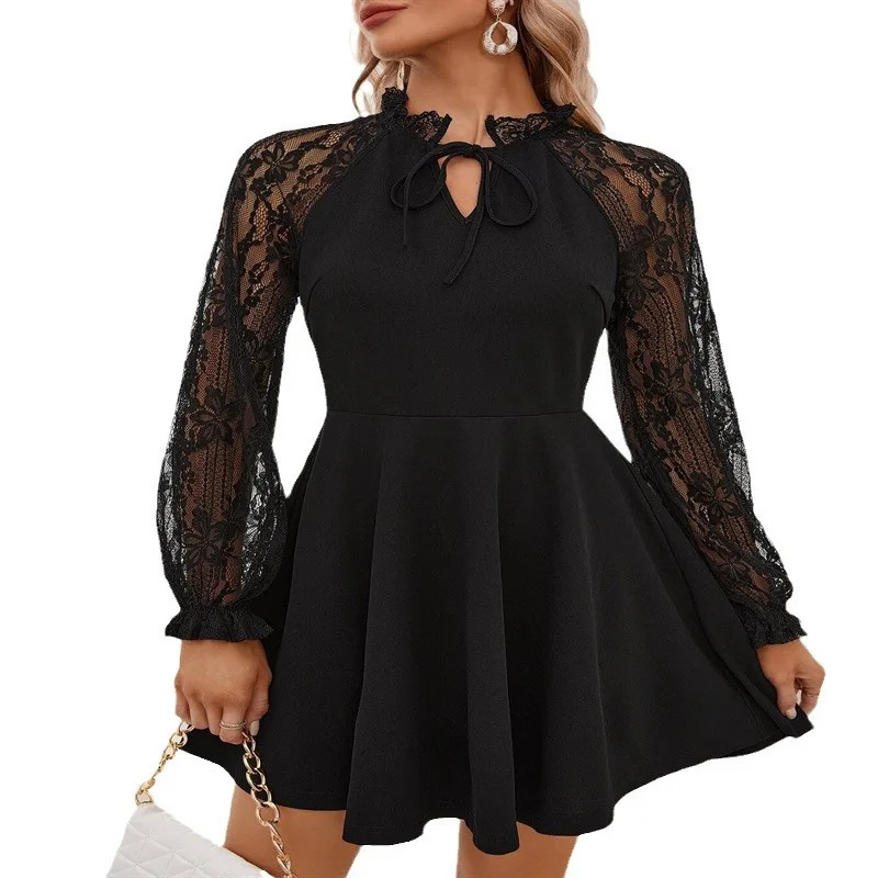 Womens Lace Patch Hollow Sexy Dress 2025 Spring/Summer Long Sleeve Ruffless Lace Up Black Mini Dress Elegant Party Dress 250103