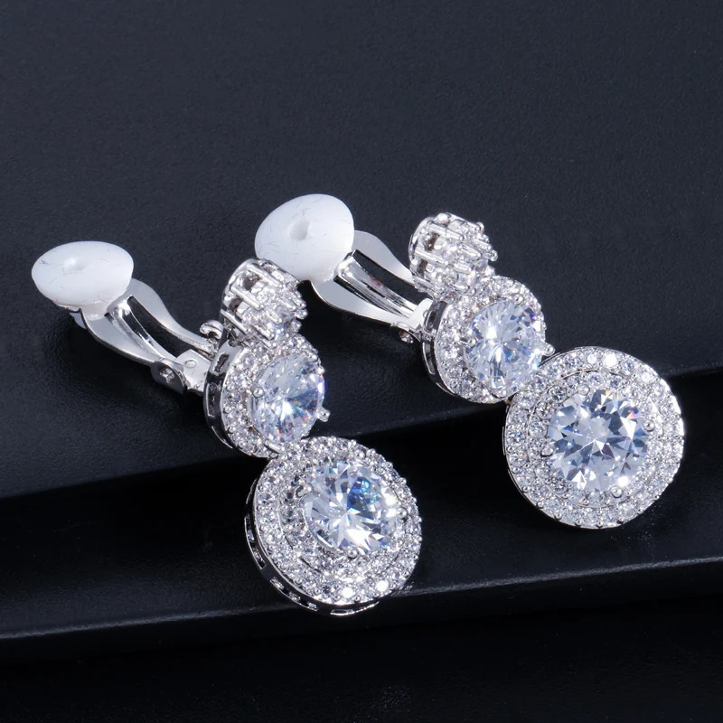 CWWZircons Clip on Ear Round Drop Cubic Zirconia Non Pierced Earrings Fashion Wedding Jewelry Womens Accessories CZ427 250103