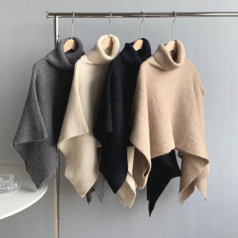 Winter Irregular Vintage Turtleneck Knitted Cape Pullover Women Casual Knitwear Solid Basic Elegant Top Cloak Sweater 250103
