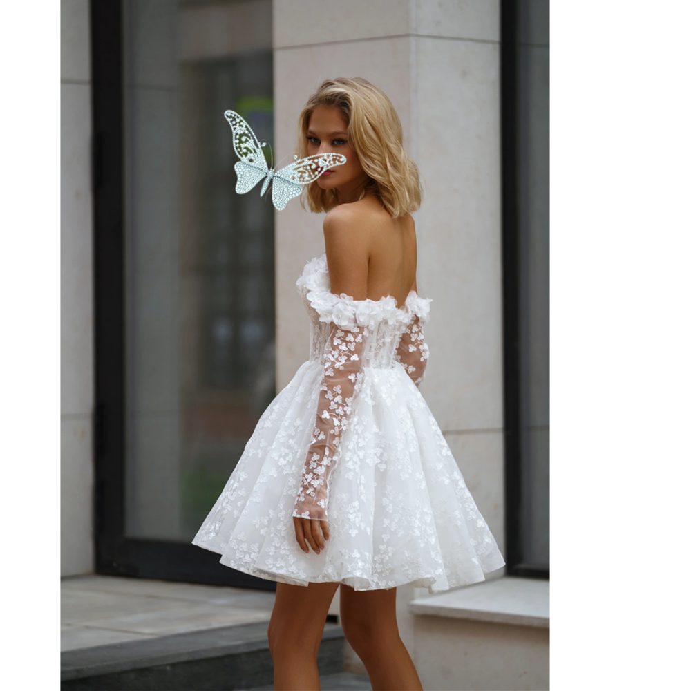 Lace Ivory Wedding Dresses Off-Shoulder Long Sleeves Short Bride Dresses A-Line Button Mini Dress For Women 2025 Robe De Mariee