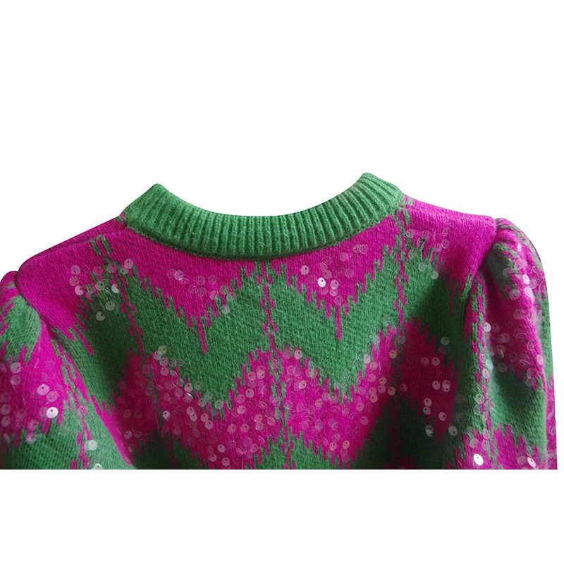 Vintage Wave Striped Sequins Sweater Women Knitted Pullover Autumn Winter ONeck Puff Sleeve Knitwear Tops Jumper Sueter Mujer 250103