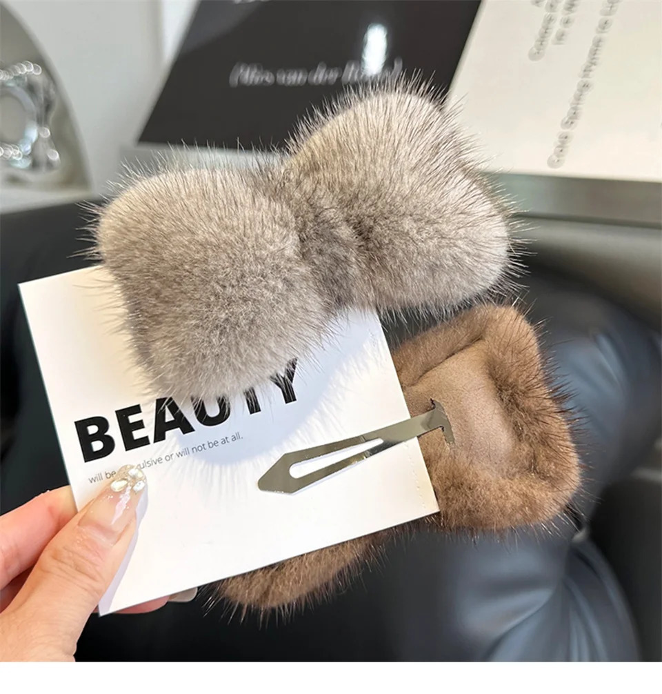 Real Mink Fur Hair Larg Bowknot Hairpin Side Clip Net Red Cute Olush Fur Headdress Shiny Hair Scratch Accessories Gifts 250106