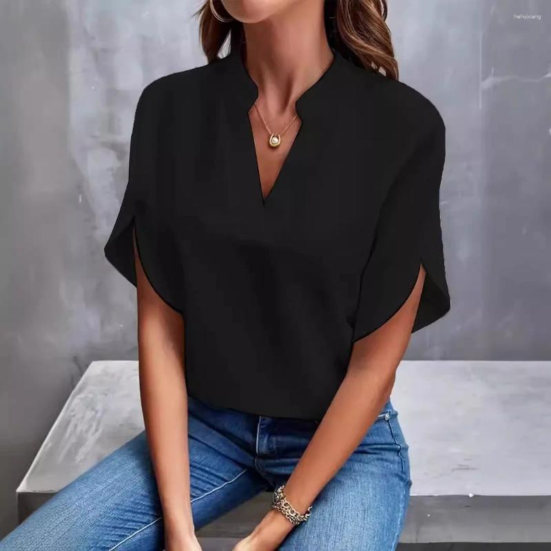 Women's Blouses 2025 Summer Pullover Casual Fashion Elegant Solid Color V-Neck Short Sleeve Loose Ribbed Top For Women