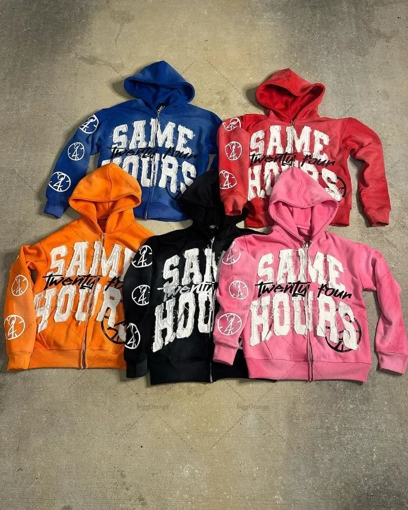 American Trendy Punk Style Letter Print Oversized Sweatshirt Y2K Harajuku Retro Colorful Zipper Hoodie Hip-hop Streetwear 250106
