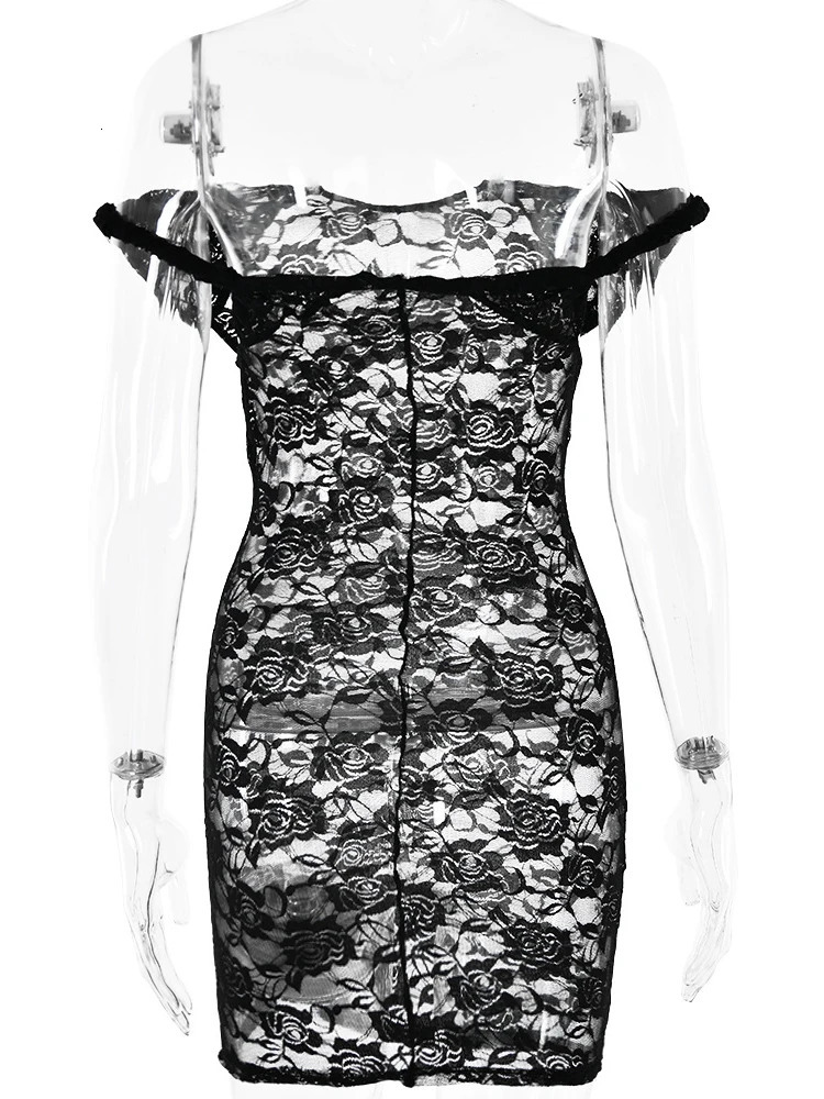 Sibybo Sexy Suspenders See Through Lace Hollow Out Mini Dress Basic Solid Color High Waist Splice Dresses Summer Women Clothes 250103