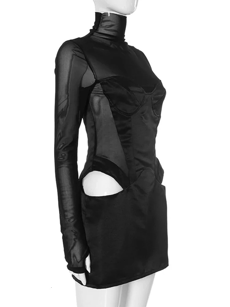 Black Sexy Hollow Out Mesh Spliced Mini Dress Fashion Turtleneck Bodycon Long Sleeve Dresses Lady Party Night Club Wear 250103