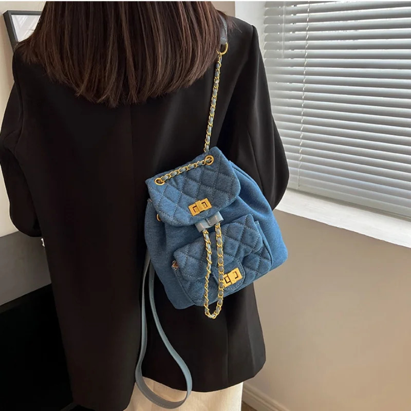 Fashion Retro Denim Canvas Chain Backpack Womens Mini Diamond Solid Color Fashion Versatile Small Backpack 250102
