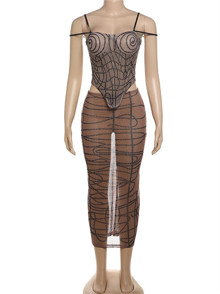 Ladies Autumn 2 Pieces Mesh See Through Sleeveless Backless Corset Top Maxi Skirt Matching Set Club Streetwear Fall Outfits 250106