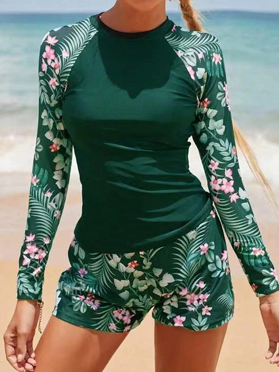 Long Sleeve Surfing Swimsuit Print Swimwear Women Two Pieces Diving Clothes Beachwear Bathing Swimming Swim Suit 250106
