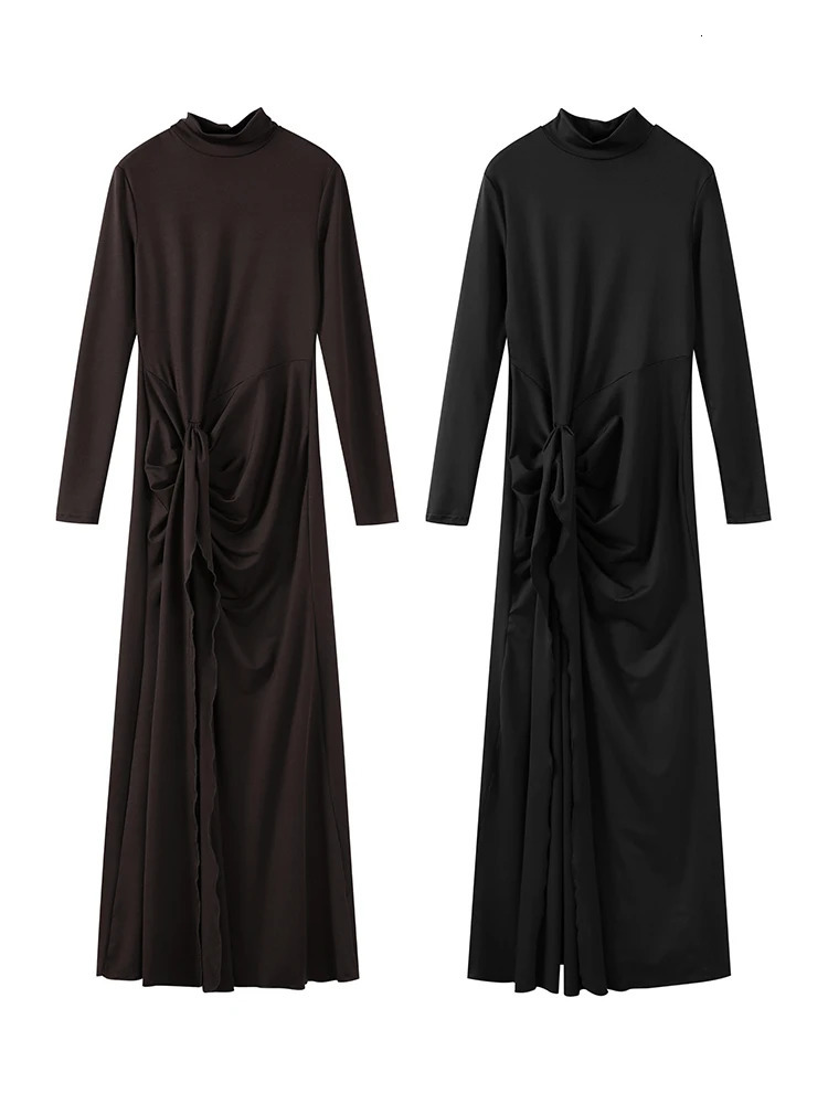 Turtleneck Thigh High Split Sexy Maxi Dress For Women Slim Full Sleeve Bodycon Long Lady Evening Robes 250103