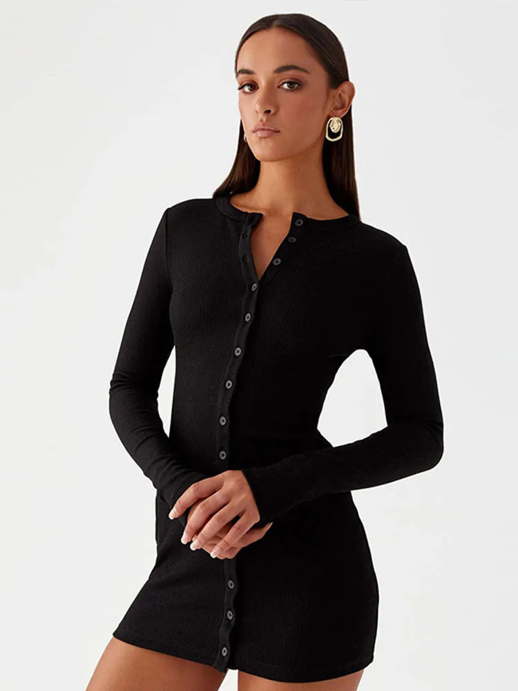 Sexy mini dress womens elegant O-neck single chest full sleeve womens dress 2025 spring/summer fashion womens party vest 250103